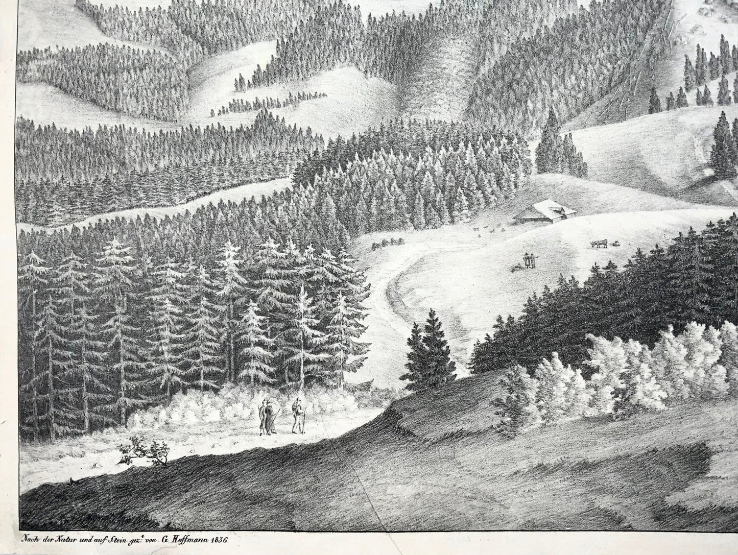 1836 Pilatus, alpine panorama, G. Hoffmann, huge stone lithograph, Switzerland