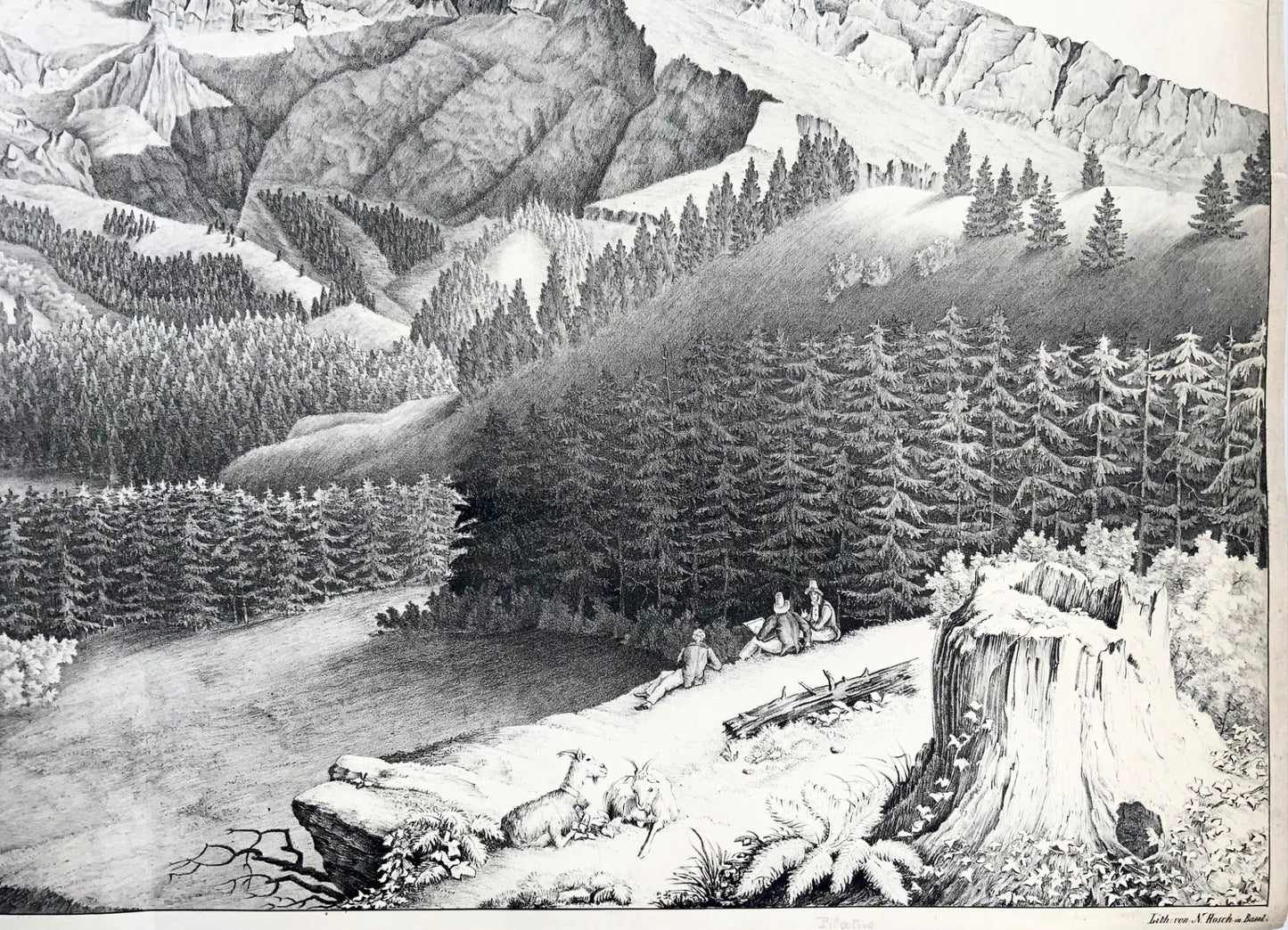 1836 Pilatus, panorama alpin, G. Hoffmann, immense lithographie en pierre, Suisse