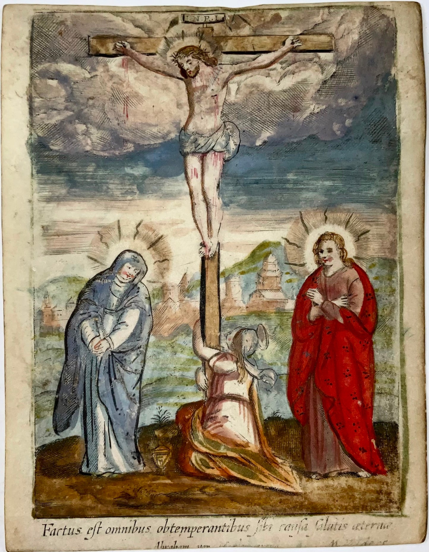 1620c Abraham von Merlen (nato nel 1579) crocifissione, incisione devozionale su pergamena 