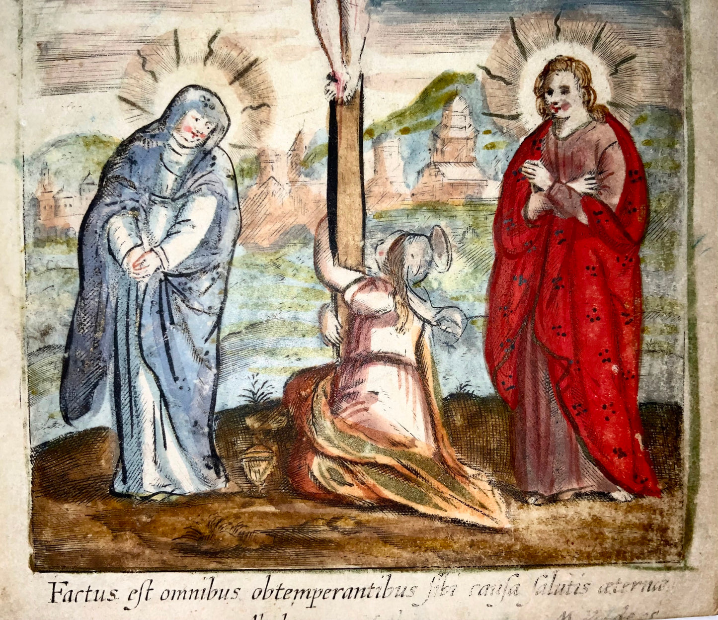 1620c Abraham von Merlen (né en 1579) crucifixion, gravure dévotionnelle sur vélin 