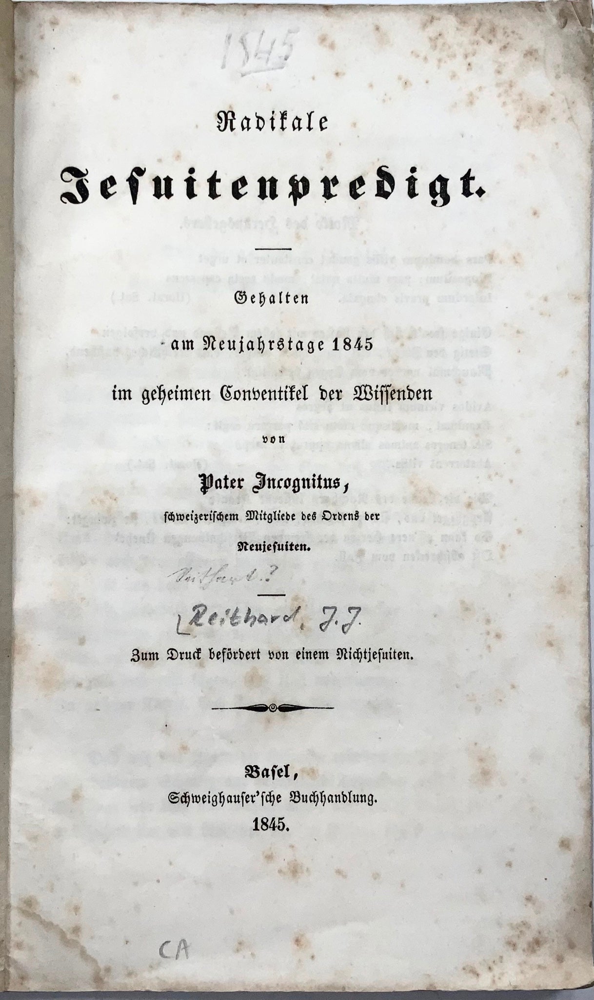 1845 Radical Swiss anti-Jesuit pamphlet, satirical cover, ‘Father Incognitus‘