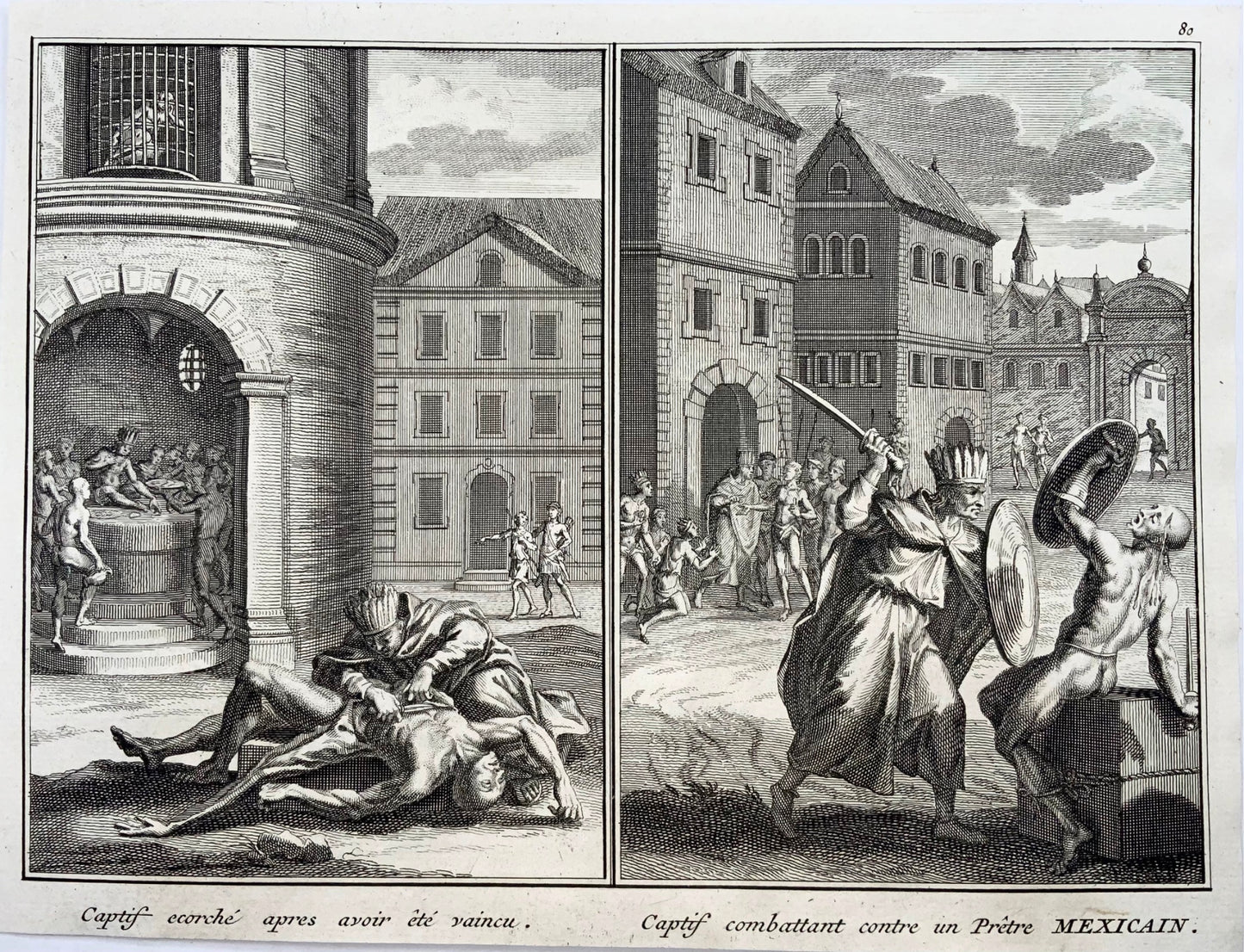 1723 Captives flayed, Vitsliputsli, Mexico, Bernard Picart, copper engraving, religious art