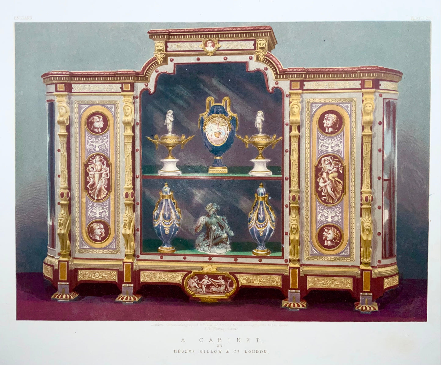 1862 Gabinetto, Gillow, grande foglio, bella litografia a colori, mobili