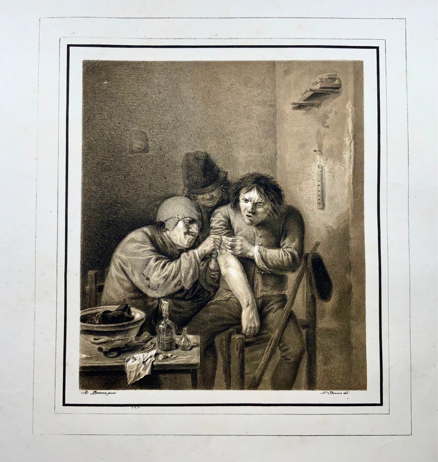 1810c Medicina, Chirurgo, N. Strixner secondo A. Brouwer, incunaboli di litografia 