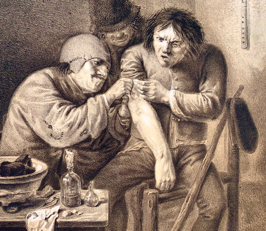1810c Medicina, Chirurgo, N. Strixner secondo A. Brouwer, incunaboli di litografia 