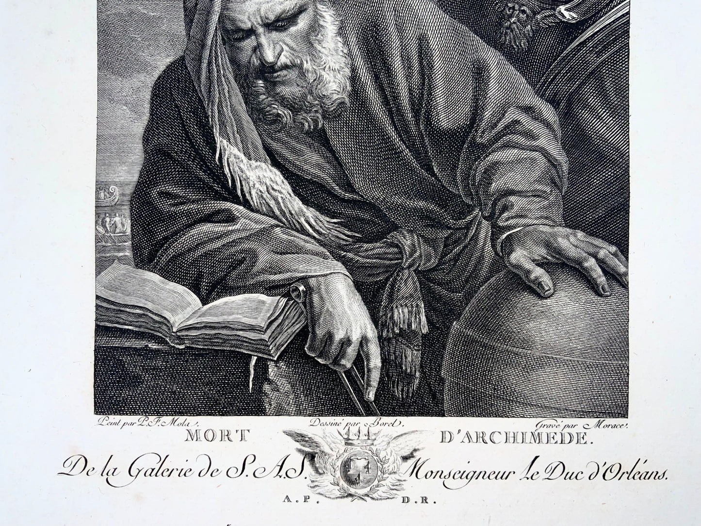 1786 Morte di Archimede, matematica, Pier Francesco Mola, incisione di 53 cm, ritratto