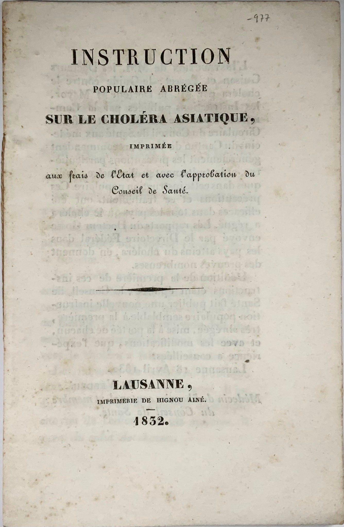 1832 Santé publique, pandémie de choléra, Suisse, brochure