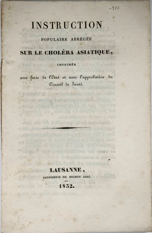 1832 Sanità pubblica, pandemia di colera, Svizzera, opuscolo