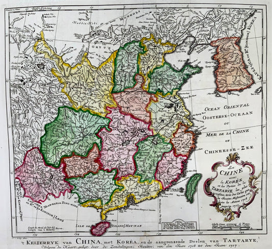 1717 Cina, Corea, Tartaria, Bellin, Schley, grande mappa colorata a mano