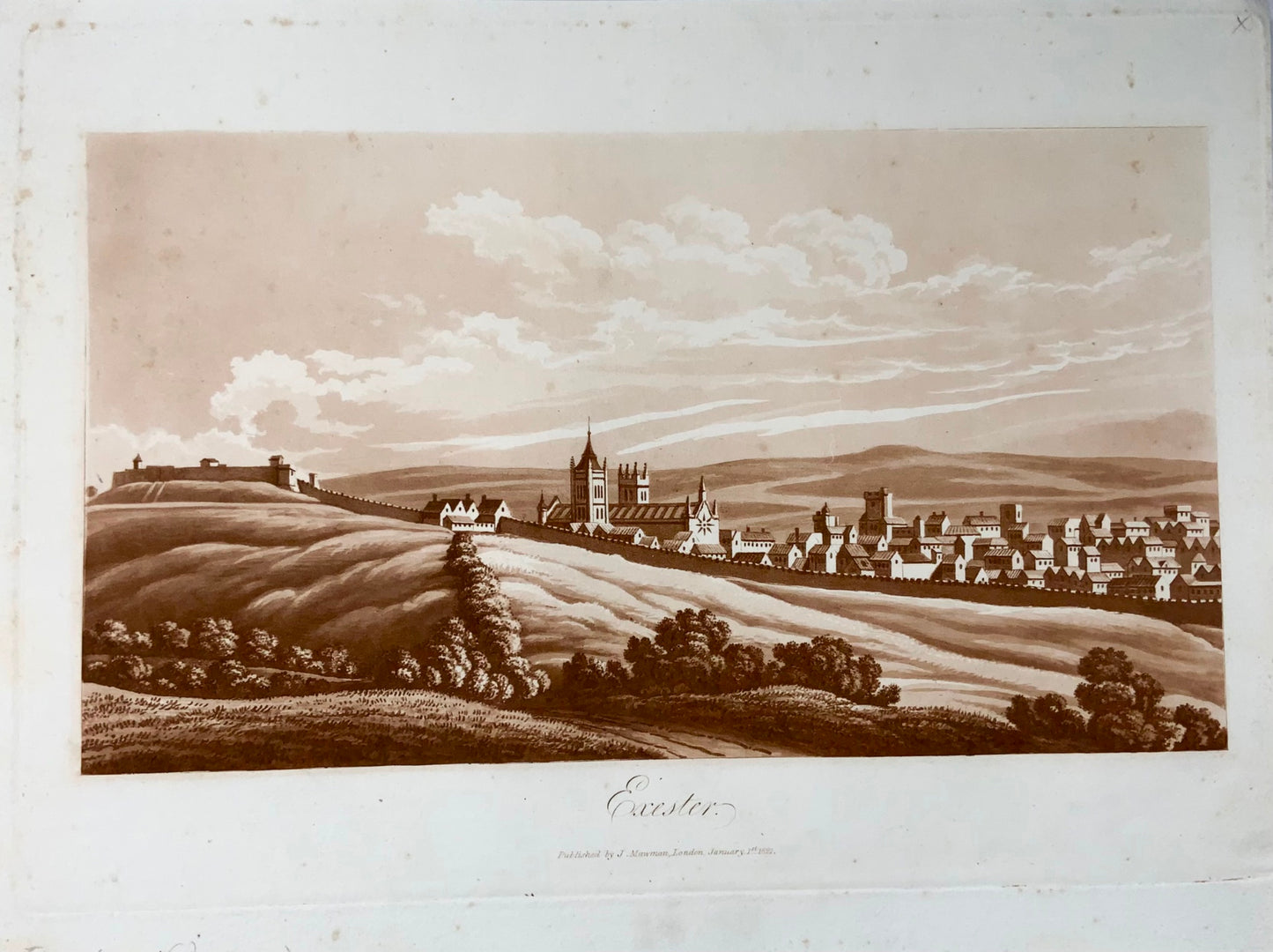 1821 Exeter, Devon, aquatinte sépia, Mawman d'après Shepherd, topographie