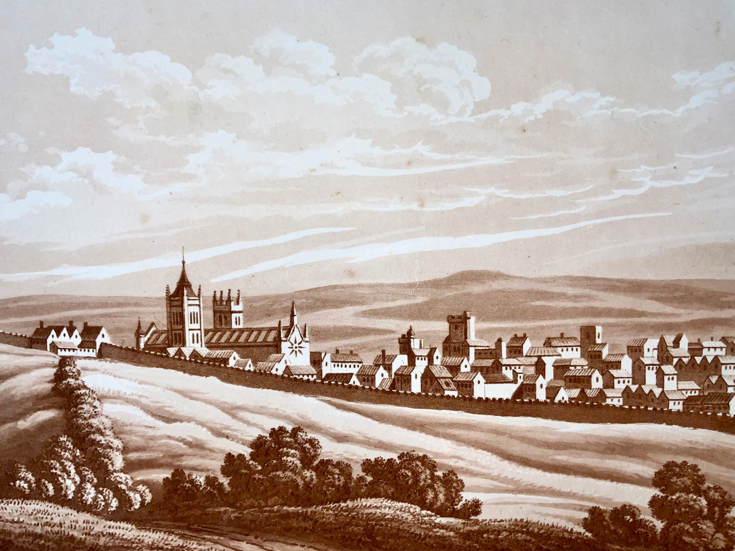 1821 Exeter, Devon, acquatinta seppia, Mawman da Shepherd, topografia