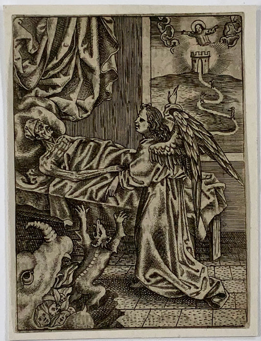1623 Master MZ. Ars Moriendi. Angel admonishing greed, deathbed, etching