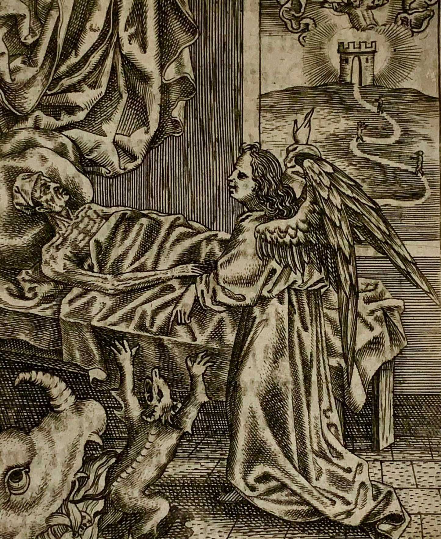 1623 Maestro MZ. Ars Moriendi. Angelo che ammonisce l'avidità, letto di morte, acquaforte