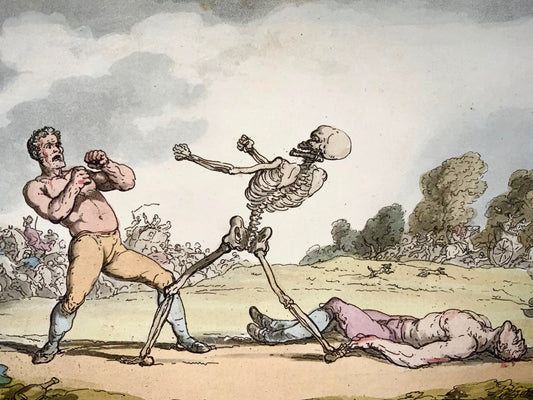 1814 Pugalista, Pugile, Rowlandson, Danza della morte, caricatura, umorismo, acquatinta