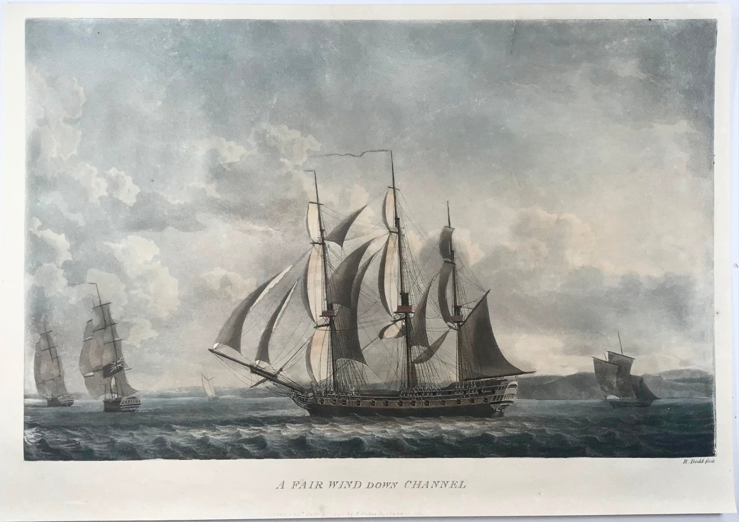 1795 Robert Dodd, Frégates navales, voiliers, couleur à la main à l'aquatinte, maritime