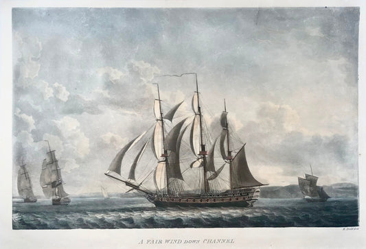 1795 Robert Dodd, Frégates navales, voiliers, couleur à la main à l'aquatinte, maritime