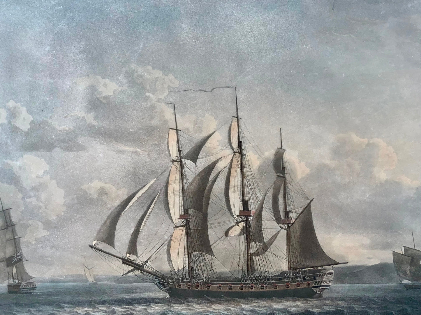 1795 Robert Dodd, Fregate navali, velieri, acquatinta, colore marittimo
