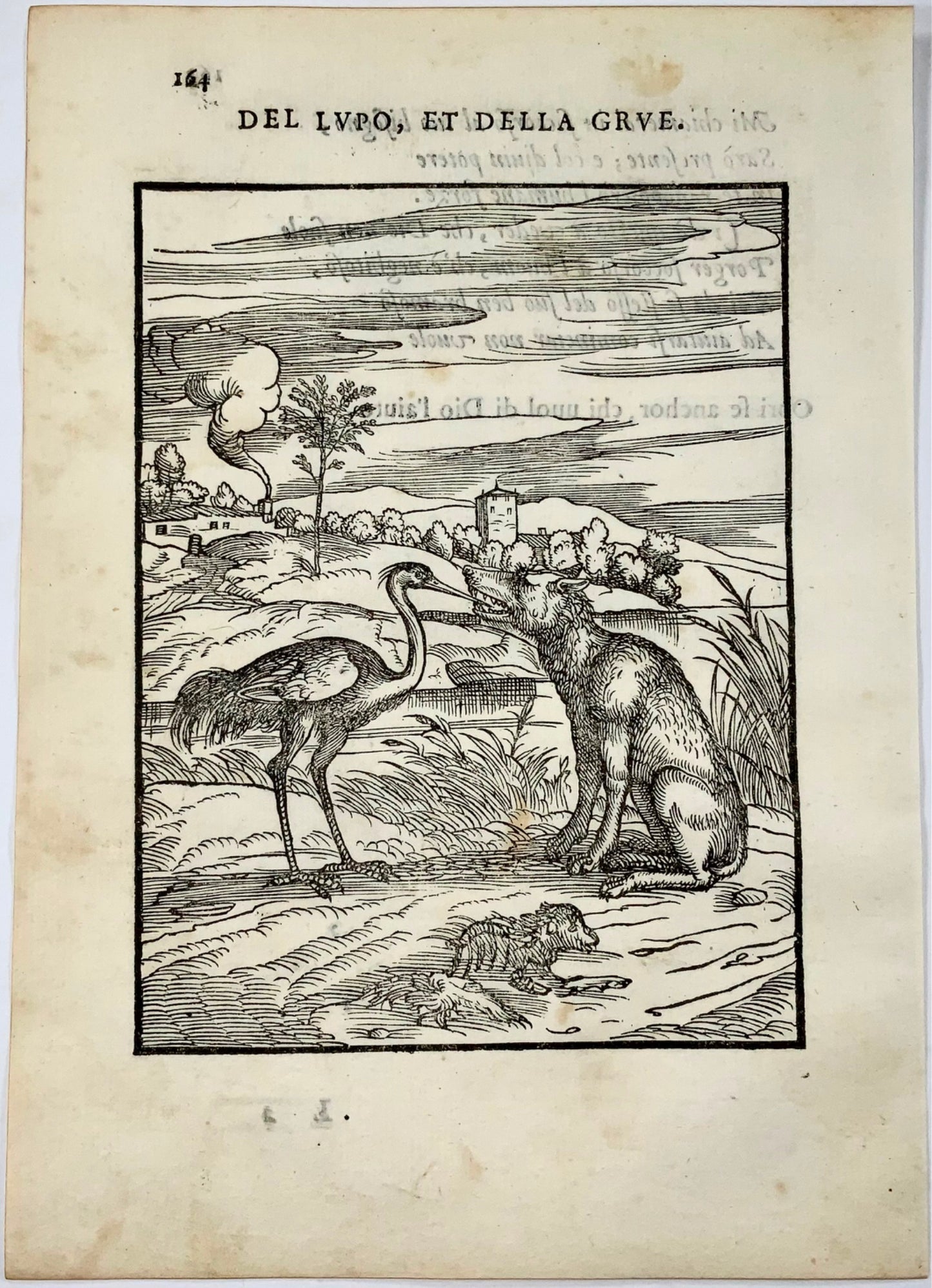 1570 The Wolf and the Heron, Verdizotti (b 1525), woodcut, fable, art