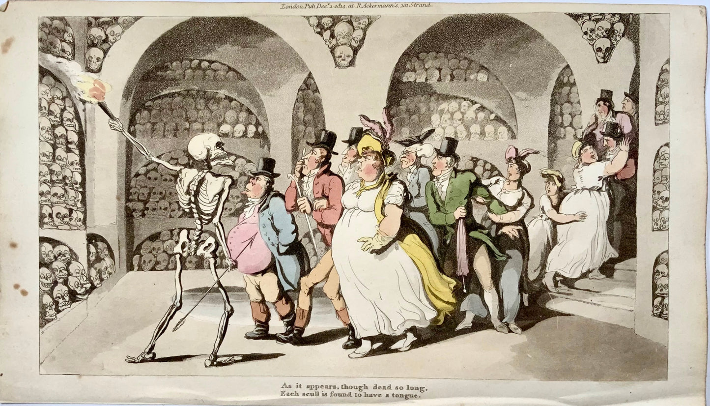1814 The Bone House, Rowlandson, Danse macabre, caricature, aquatinte humour