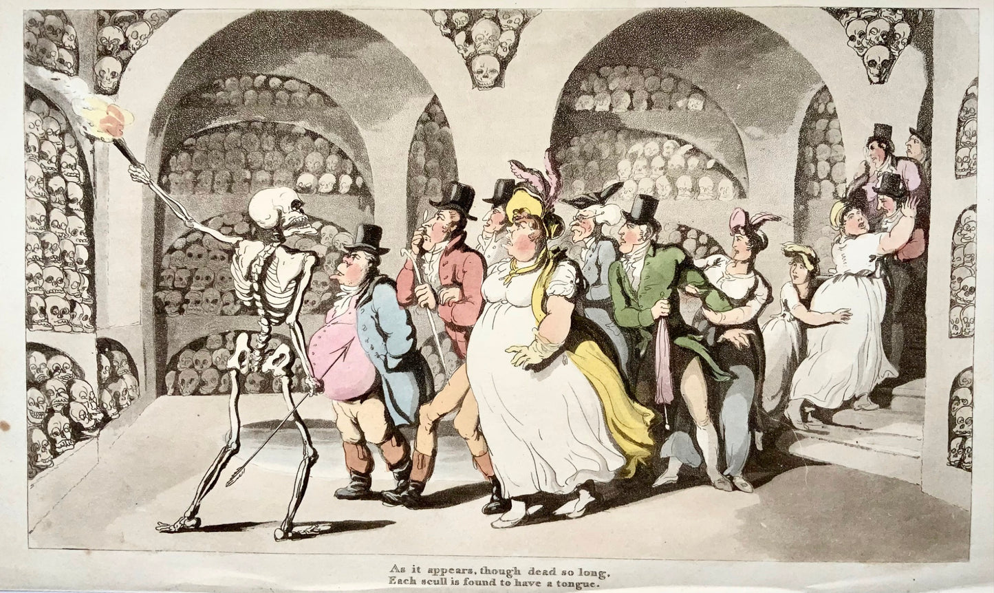 1814 The Bone House, Rowlandson, Dance of Death, caricatura, acquatinta umoristica