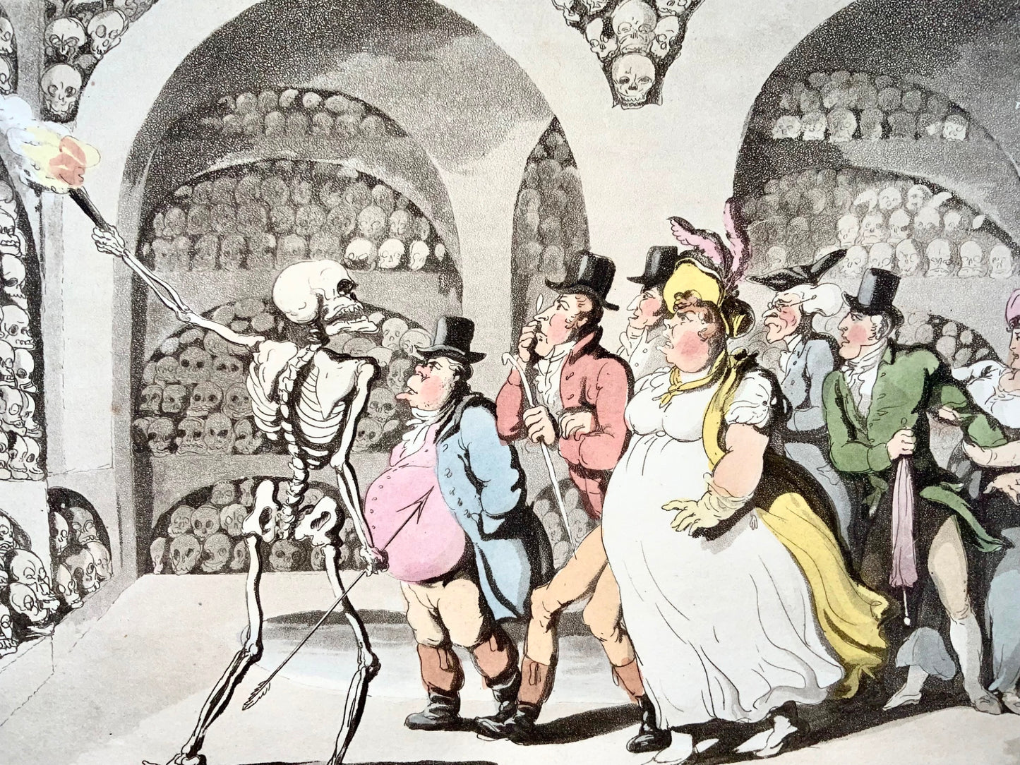 1814 The Bone House, Rowlandson, Dance of Death, caricatura, acquatinta umoristica