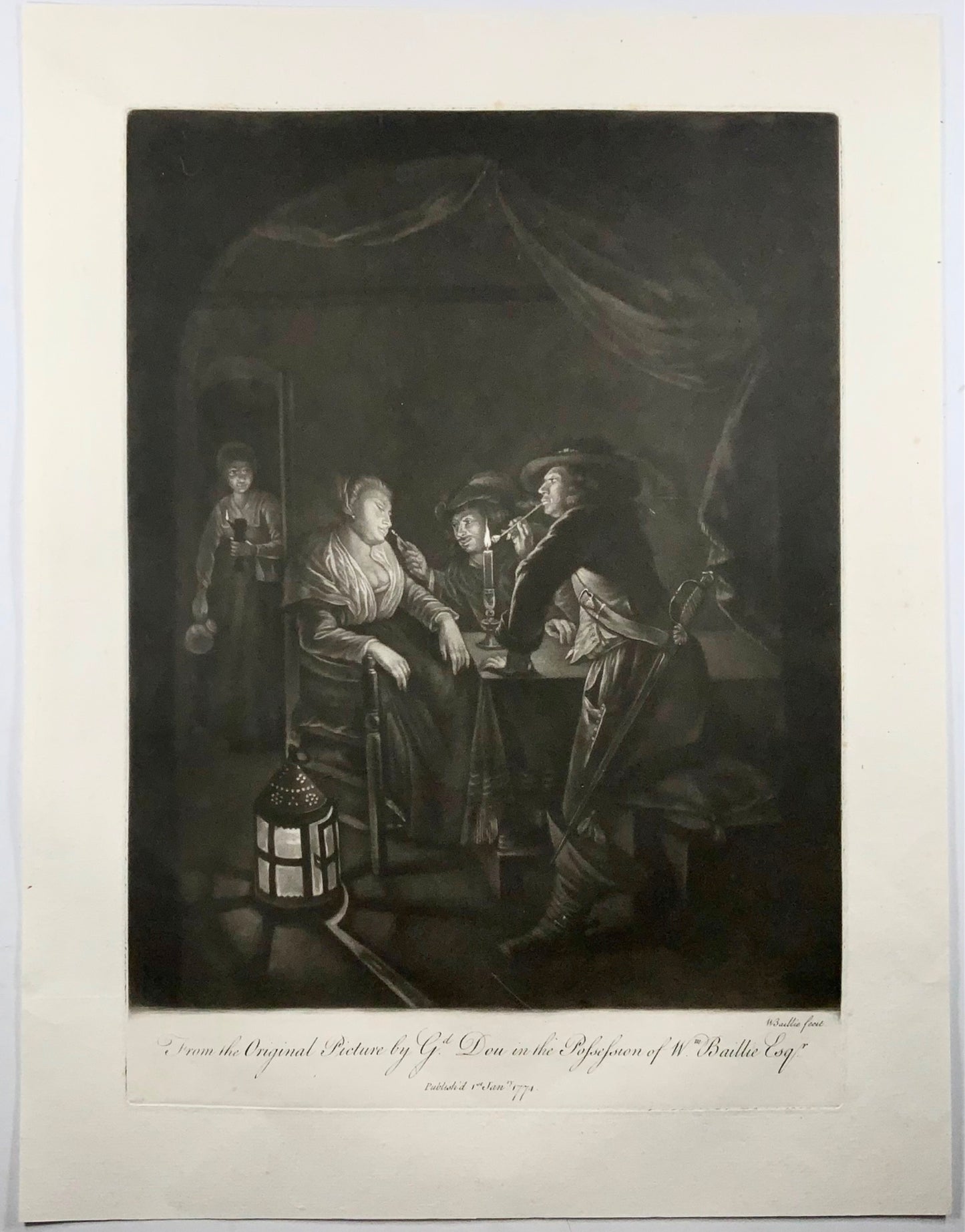 1774 Fumare a lume di candela, mezzatinta di W. Baillie secondo Gerard Dou, genere