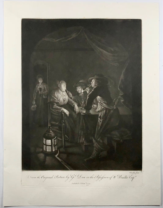 1774 Fumare a lume di candela, mezzatinta di W. Baillie secondo Gerard Dou, genere
