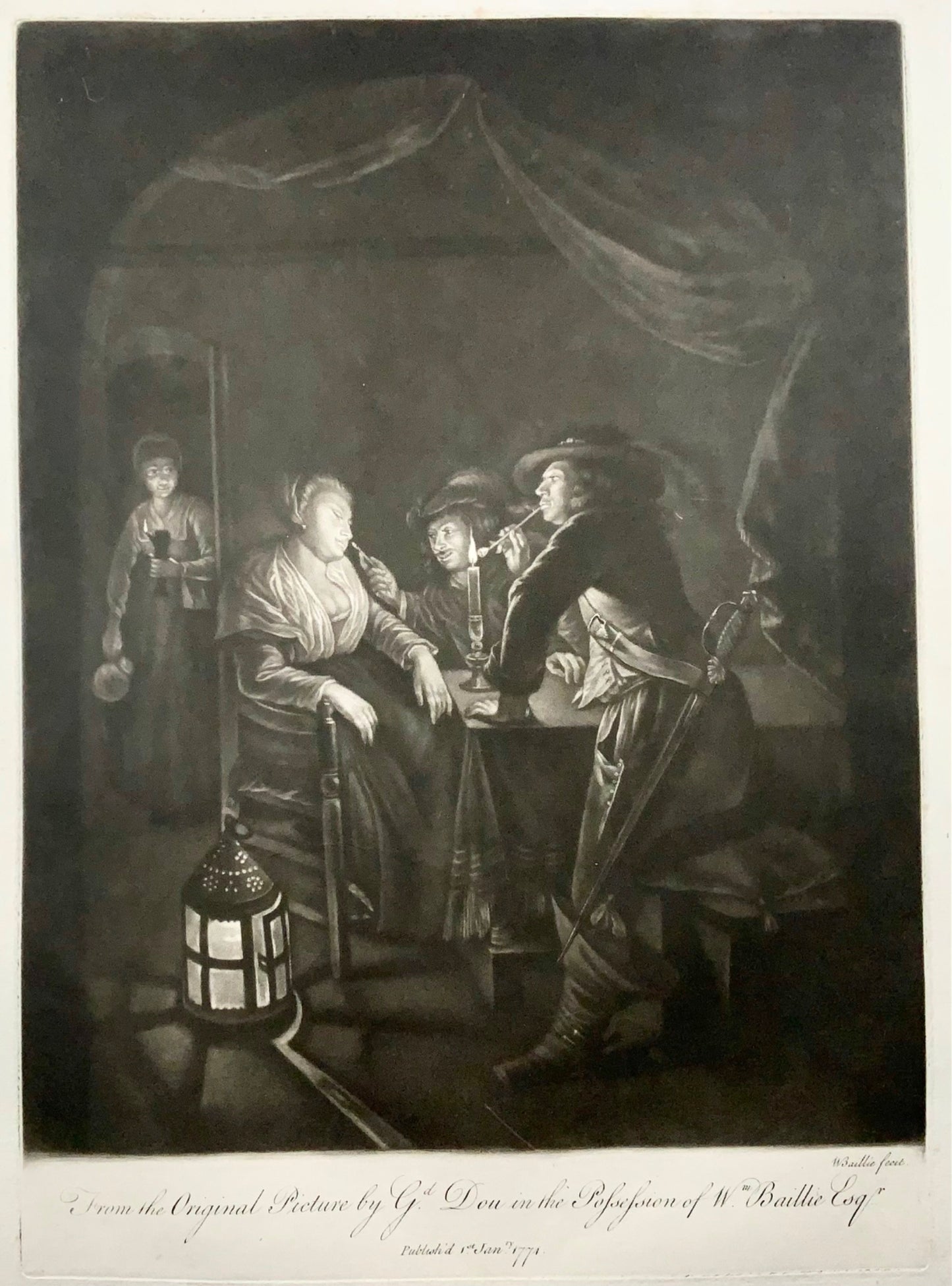 1774 Smoking by Candlelight, mezzotint by W. Baillie after Gerard Dou, genre
