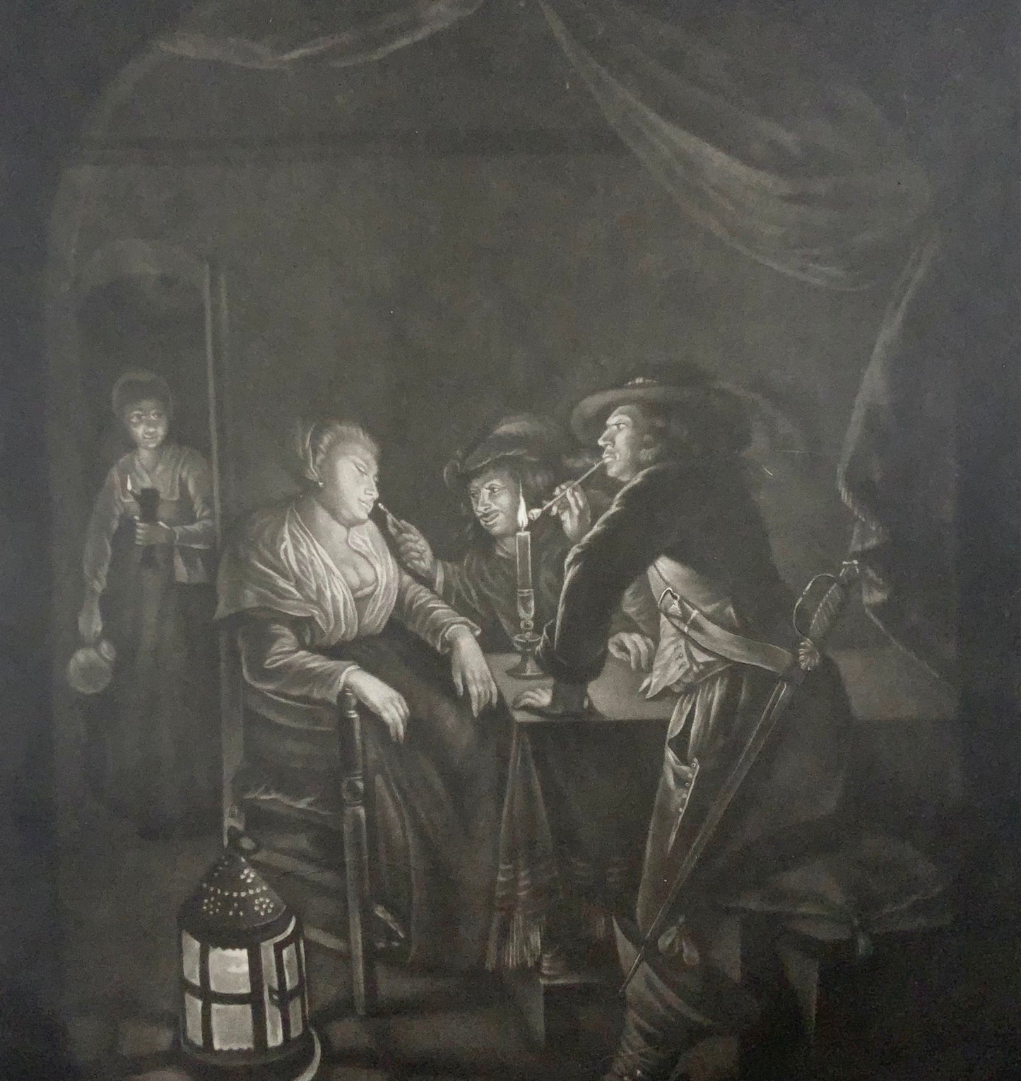 1774 Smoking by Candlelight, mezzotint by W. Baillie after Gerard Dou, genre