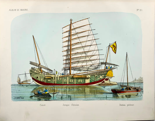 1860 ca. L. Lebreton, Junk Ship cinese, litografia su pietra in folio, colore a mano